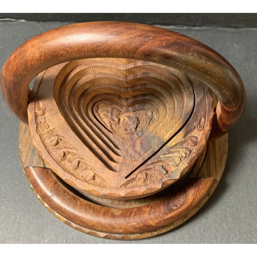 Collapsible  Wooden Basket Hand Carved Foldable Bowl Ornate Vintage Tramp Art - Picture 2 of 5